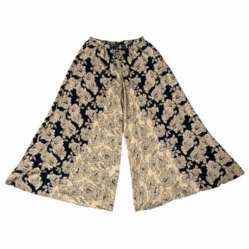 Rachel Zoe Wide Leg Boho Palazzos Pants | Black & Tan Rose Floral | Pockets - Picture 3 of 10